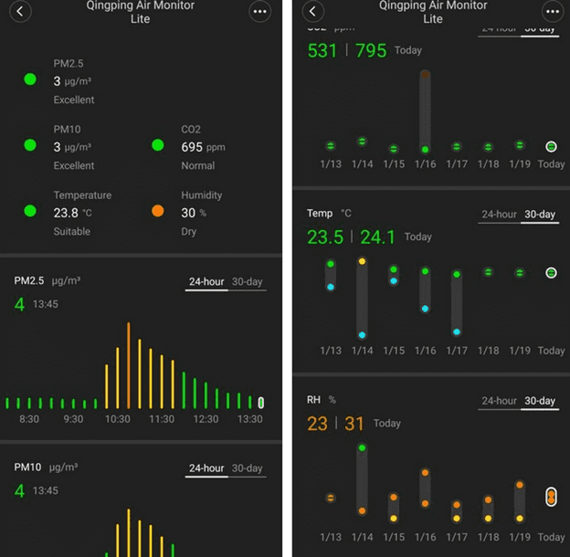 Меню приложения для анализатора качества воздуха Xiaomi Qingping Air Monitor Lite
