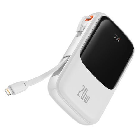Портативный аккумулятор BASEUS Qpow Pro Digital Display Fast Charge 20W iP Edition, 3A, 10000 мАч, белый, с кабелем Typ - 4